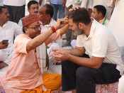 RAE BARELI, MAY 3 (UNI):-Congress leader and party candidate from Rae Bareli constituency Rahul Gandhi performs a 'puja' after filing his nomination for Lok Sabha elections, in Rae Bareli on Friday. UNI PHOTO-71U