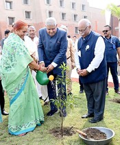 NALANDA, SEP 29 (UNI):- Vice President and Chairman of Rajya Sabha, Jagdeep Dhankhar and Dr. Sudesh Dhankhar planting a sapling on the premises of Nalanda University, in Bihar on Friday. UNI PHOTO-110U