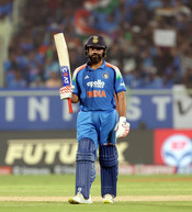 VISAKHAPATNAM, DEC 6 (UNI):- Indian batter Rohit Sharma raises his bat after scoring a fine half century against South Africa during the third ODI match at ACA–VDCA Cricket Stadium in Visakhapatnam, Andhra Pradesh, on Saturday. UNI PHOTO- 101U