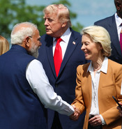 EVIAN, JUNE 16 (UNI):- Prime Minister Narendra Modi interacts with European Commission President Ursula von der Leyen before the start of proceedings at the G7 Summit in Evian, France, on Tuesday. UNI PHOTO – S138U
