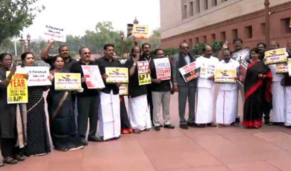 DMK MPs hold protest against Dharmendra Pradhan over his remarks on NEP, demands apology