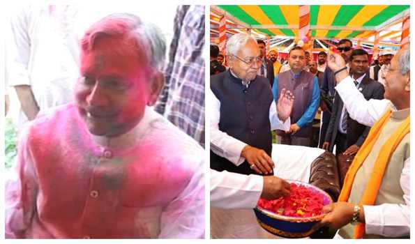 Nitish greets people at his residence on Holi festival