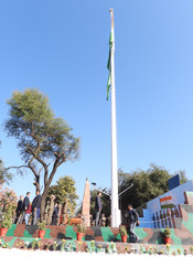 JAMMU, DEC 16 (UNI): Jammu and Kashmir Lieutenant Governor Manoj Sinha inaugurates 108-feet National Flag Mast and pays tribute to the bravehearts of the Battle of Chhamb and 1965 & 1971 wars on the occasion of Vijay Diwas, at Kachrial, Akhnoor in Jammu on Tuesday. UNI Photo 66U