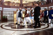 NEW DELHI, JUL 21 (UNI):- Prime Minister Narendra Modi with Union Ministers Rajnath Singh, Amit Shah, BJP National President Nitin Nabin leaving after the NDA Parliamentary Party meeting on Tuesday in New Delhi on Tuesday. UNI PHOTO PSB35U PREM SINGH