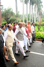 NEW DELHI, JUL 21 (UNI):-Union Ministers Rajnath Singh, Amit Shah, JP Nadda, BJP National President and others leaving after the NDA Parliamentary Party meeting on Tuesday. UNI PHOTO PSB39U PREM SINGH