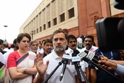 NEW DELHI, JUL 21 (UNI):-Leader of Opposition in the Lok Sabha Rahul Gandhi addresses media, Congress MP Priyanka Gandhi Vadra looks on during the Monsoon session of Parliament, in New Delhi on Tuesday. UNI PHOTO PSB44U PREM SINGH