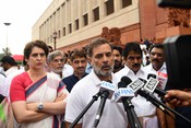 NEW DELHI, JUL 21 (UNI):-Leader of Opposition in the Lok Sabha Rahul Gandhi addresses media, Congress MP Priyanka Gandhi Vadra looks on during the Monsoon session of Parliament, in New Delhi on Tuesday. UNI PHOTO PSB45U PREM SINGH